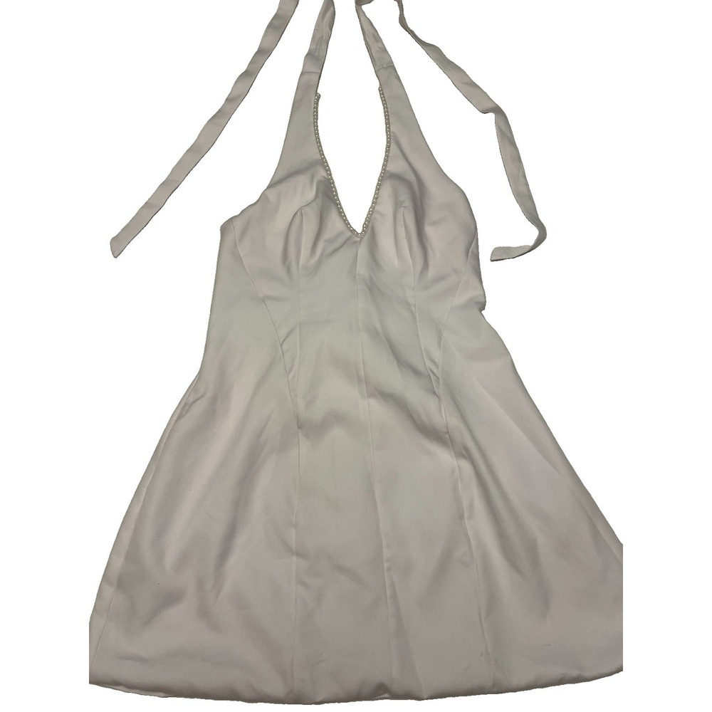 Women's V Neck Halter Fully Lined Pearl Accents On Neck Lace Up Back White Sz S